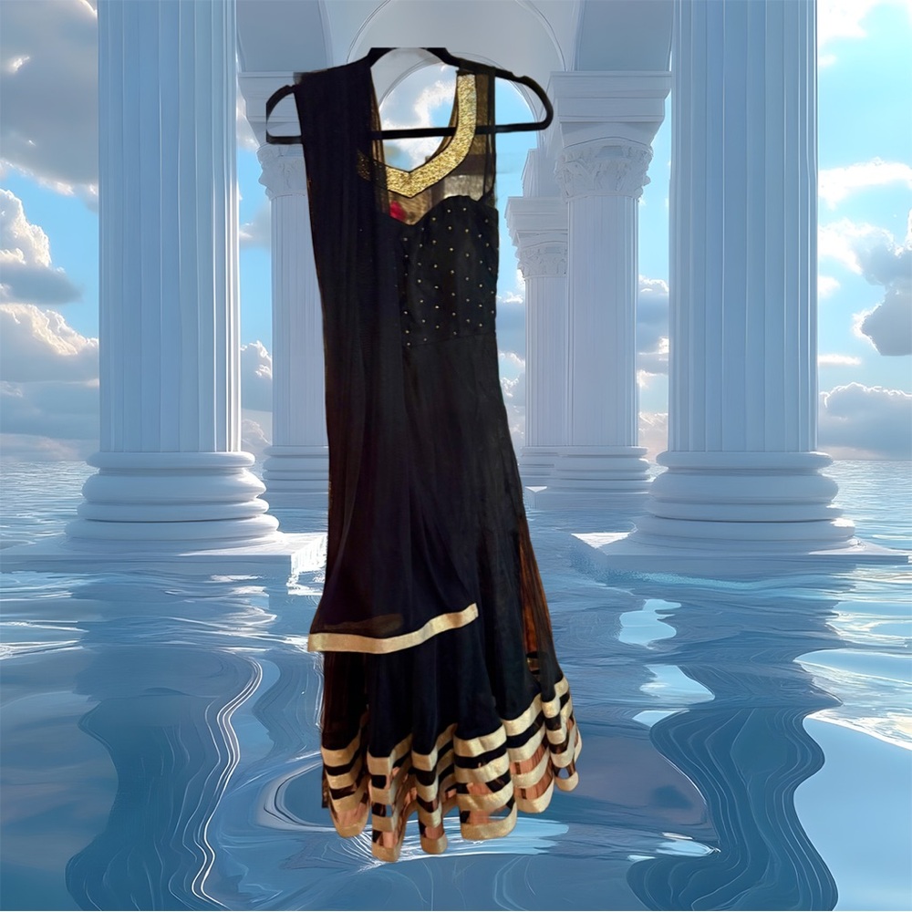 Indian🌟Bollywood Party Anarkali Black & Metallic Gold Trim W/ Matching Dupatta L